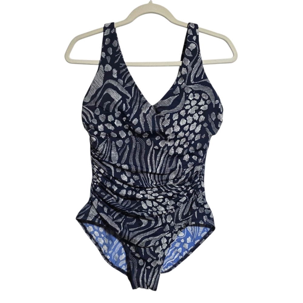 EUC MIRACLESUIT BLOCKBUSTER NAVY WHITE SWIMSUIT SZ12